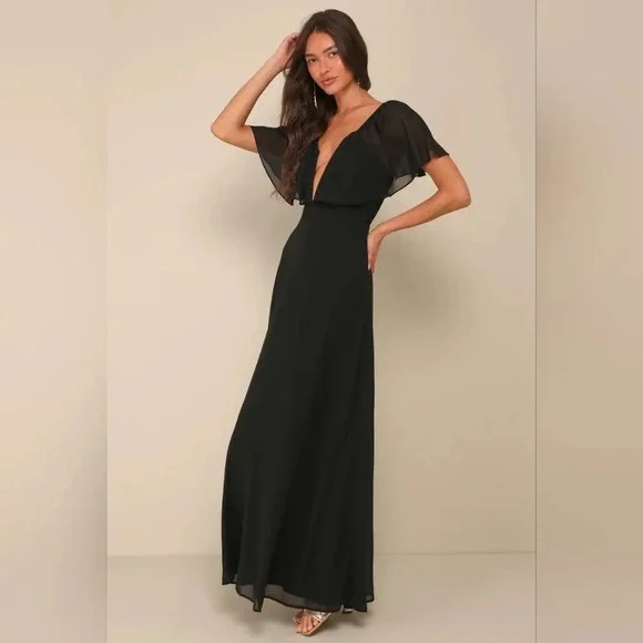 Lulus Stunning Demeanor Black Flutter Sleeve Backless Maxi Dress M Wedding - Picture 3 of 11